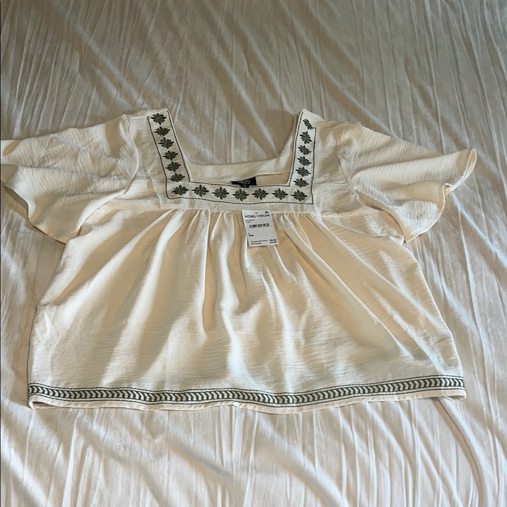 Bobeau Cream Puff Sleeve Blouse with Bib Collar